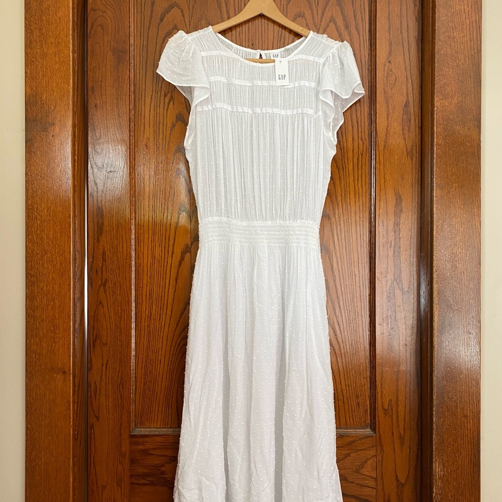 Summery white smocked midi length Gap dress NWT